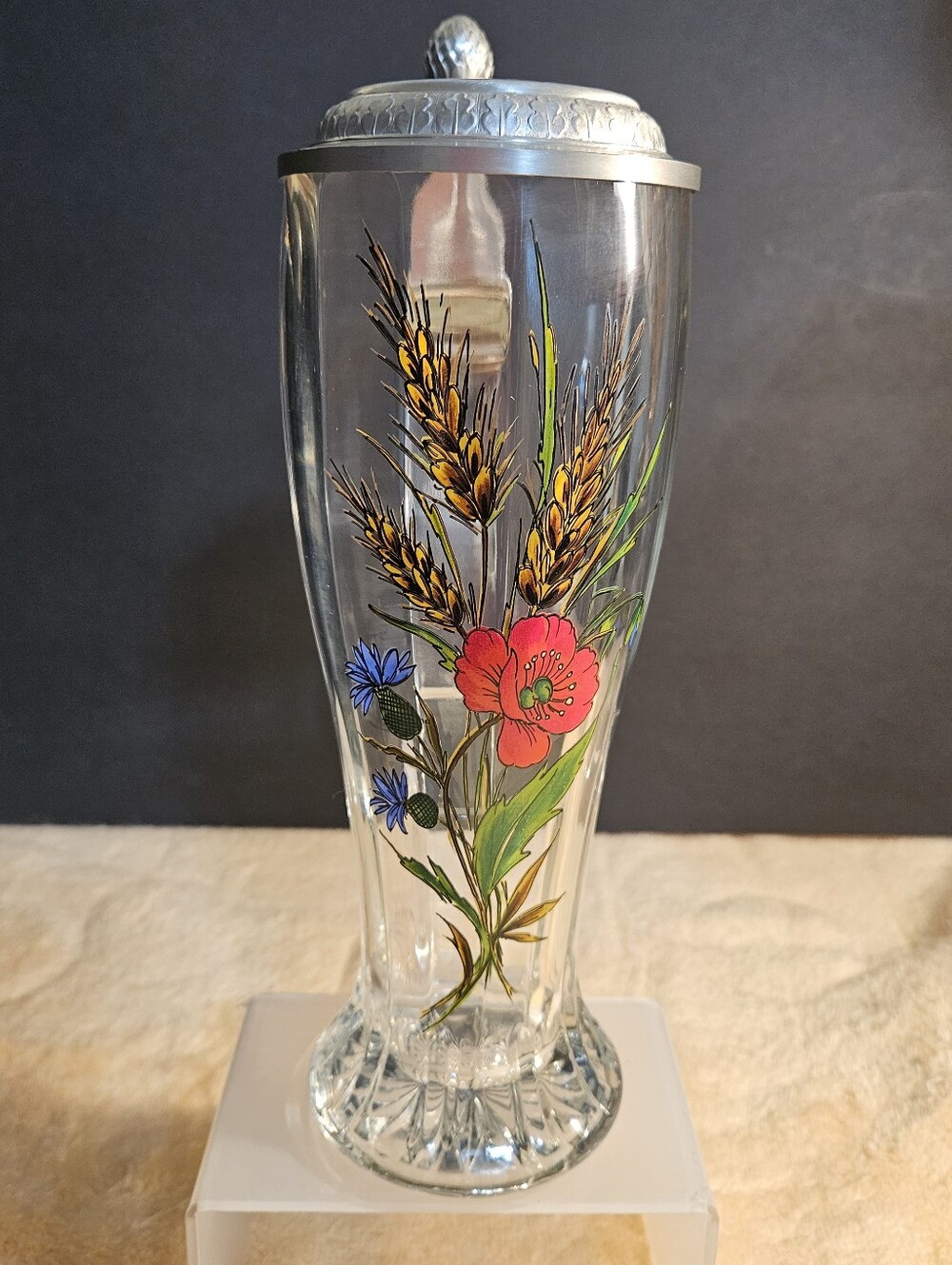 Vintage BMF West Germany Lidded Beer Stein - Hand-Painted Floral Glass - 92% Zin